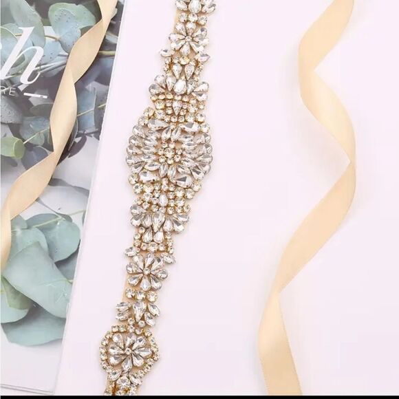 Black Friday Deals ◇Elegant Rose Gold Elaborate Rhinestone Floral Thin Sash Belt - Picture 8 of 9